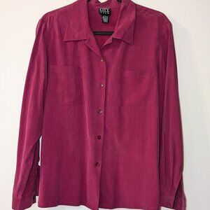 City Silk Women's Burgundy 100% Silk Button-Up Blouse with Pockets. Size Large.